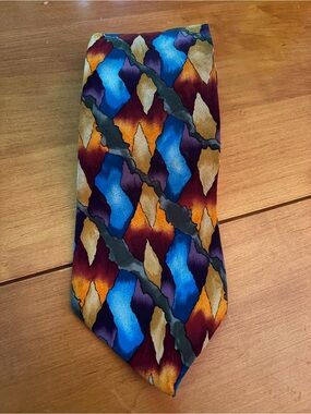VTG J. Garcia Bold Multicolor Men's Silk Tie - Blue, Orange, Burgundy Pattern
